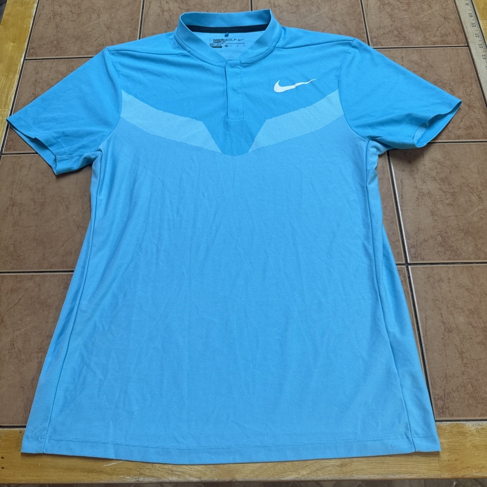Nike Golf Polo Shirt Mens Medium Blue Dri-Fit Modern Blade Collar Snap Buttons